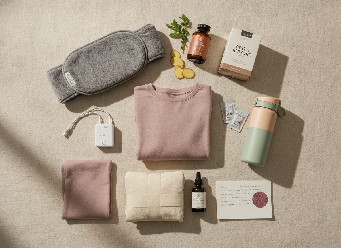 The Endo Flare Kit — heating pad, TENS unit, loungewear, magnesium, herbal tea, castor oil pack and water bottle on cream linen